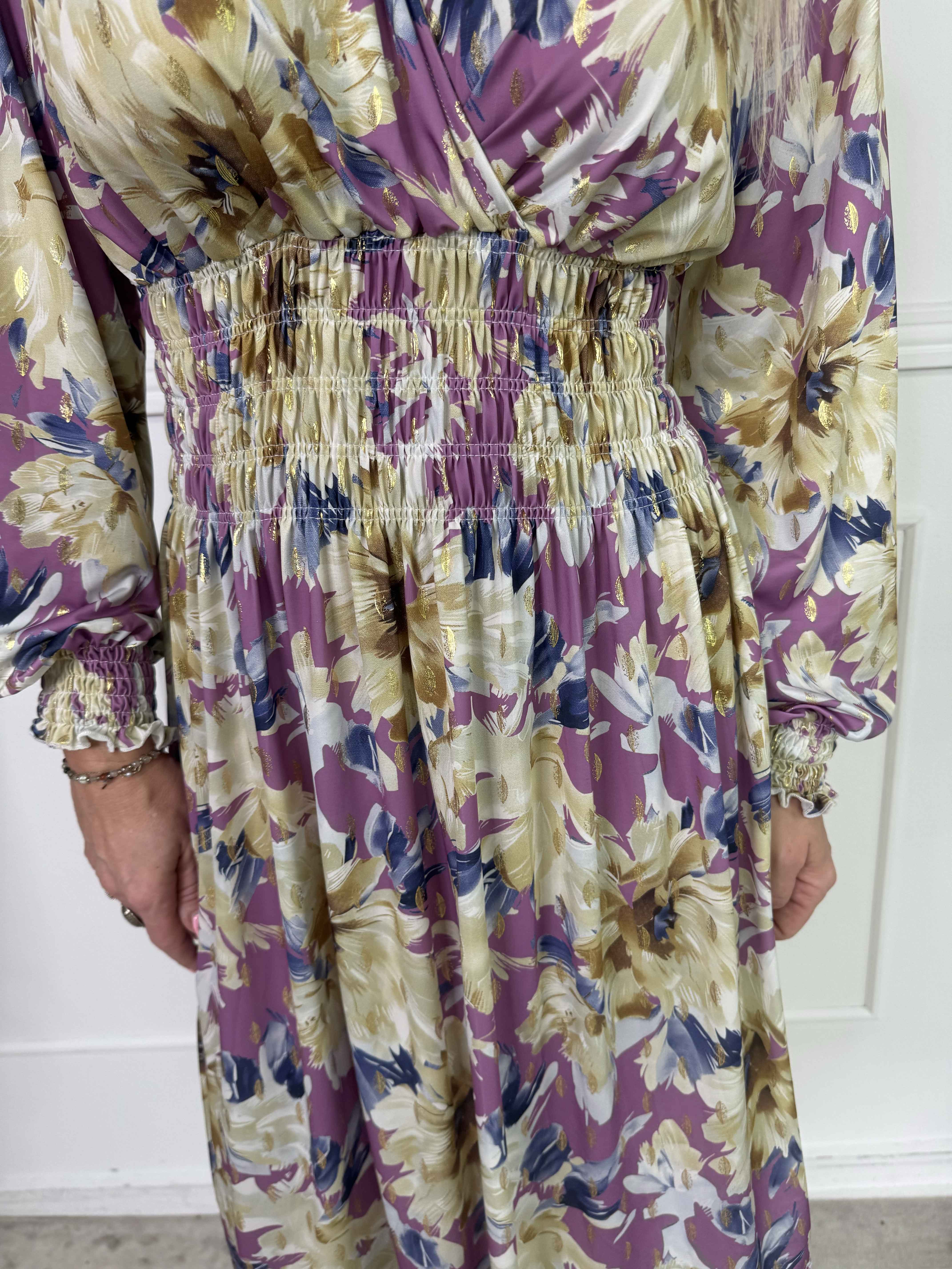 Pams Flora Short L/S - Elastisk kjole i krølfrit stof med lange ærmer